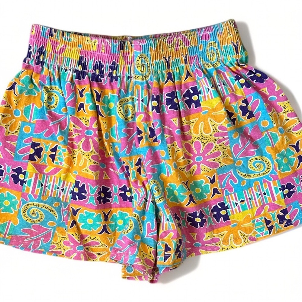 Vintage Colorful Floral Print High Waisted Cotton Shorts from 90's Italian Club